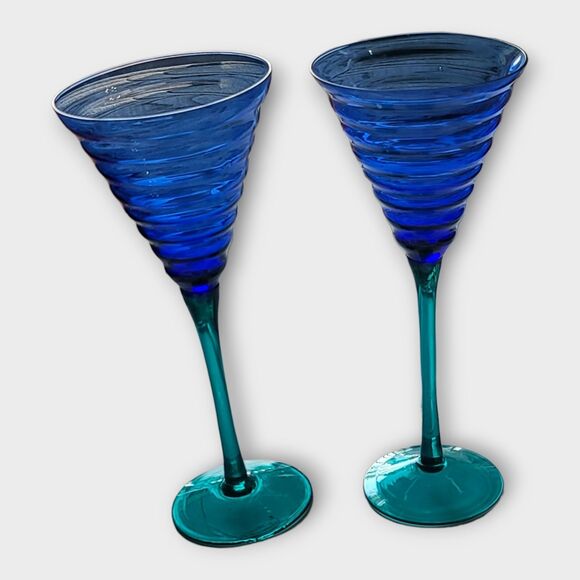 Pier 1 Cobalt Blue Teal Stem Beehive Wine Glasses Water Goblet 2 Pcs 9 Inches - Picture 12 of 12